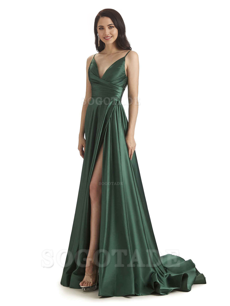 Spaghetti Straps Satin formal dresses evening gown Bridesmaid Dresses With Side Slit 