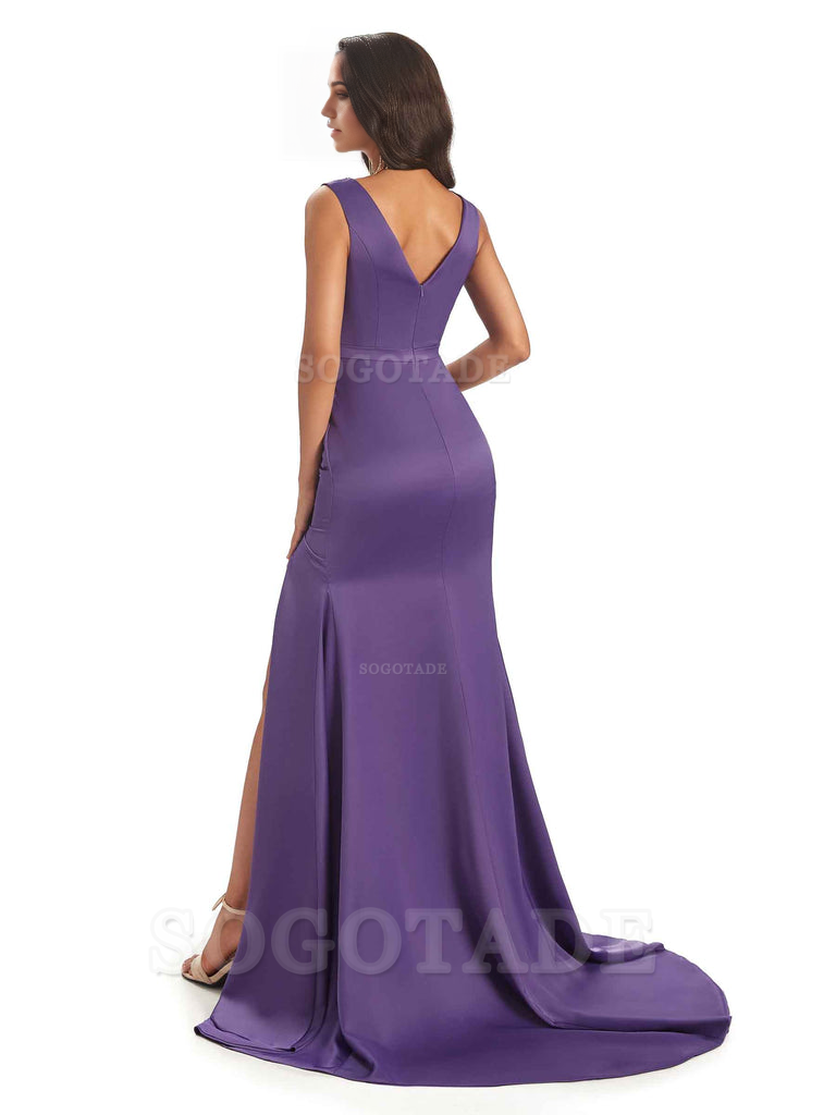A-line V-neck Floor-Length Satin formal dresses evening gown Bridesmaid Dresses With Side Slit 