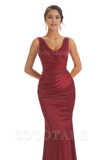 Sheath Sleeveless V-neck Floor-Length Satin formal dresses evening gown Bridesmaid Dresses With Pleats 