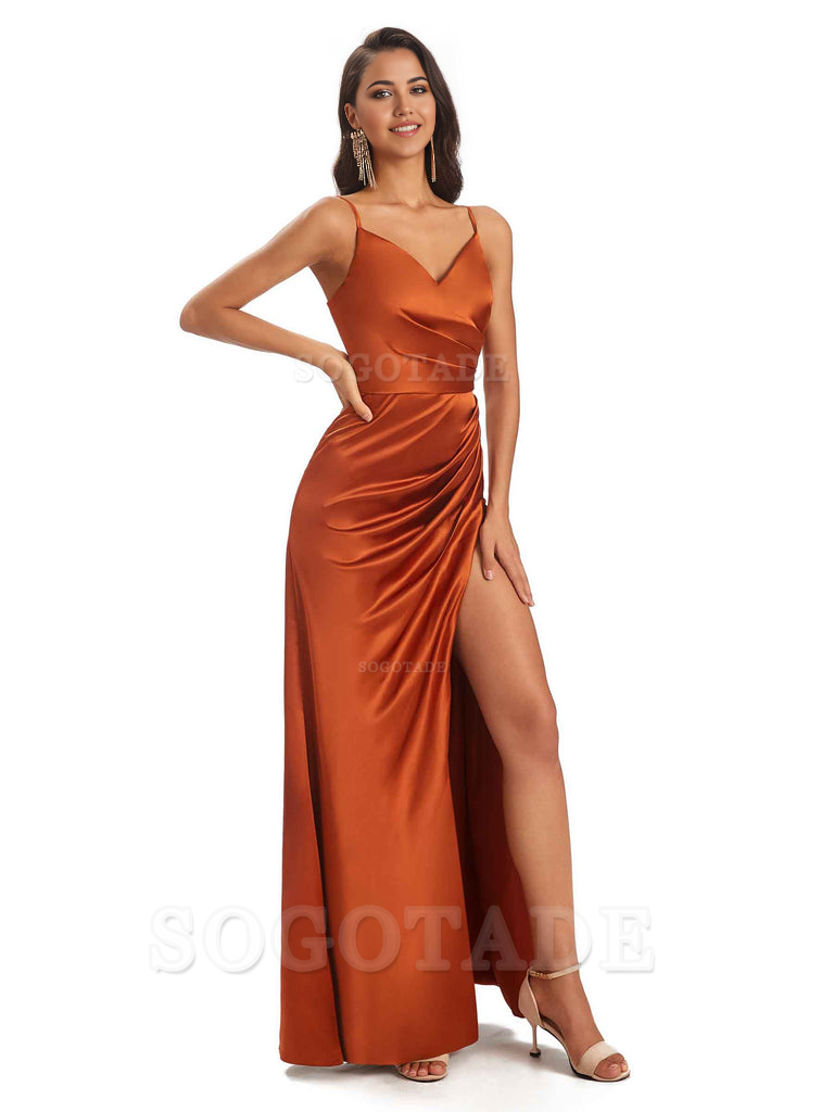Sheath V-Neck Spaghetti Straps formal dresses evening gown Bridesmaid Dresses With Side Slit 