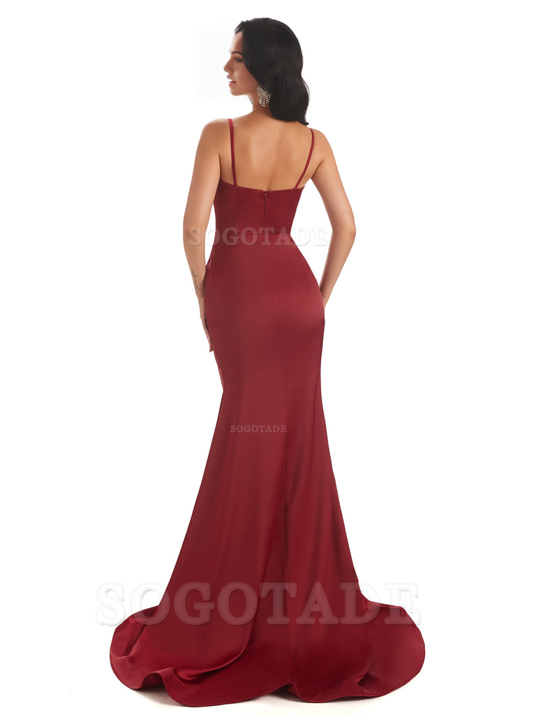 Mermaid Spaghetti V-Neck Straps Satin Long formal dresses evening gown Bridesmaid Dresses With Side Slit 