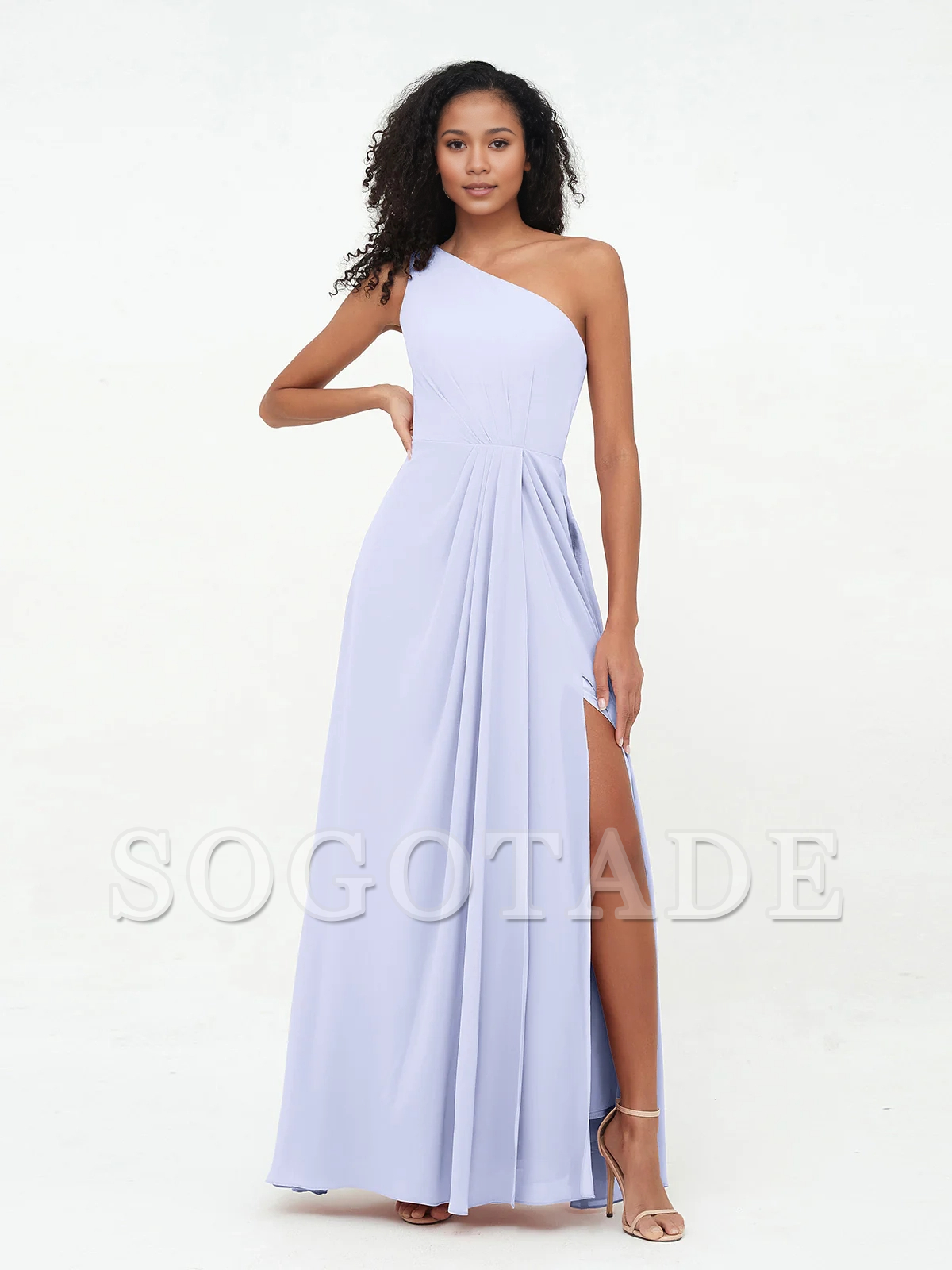 Split grey rose one shoulder chiffon bridesmaid dress