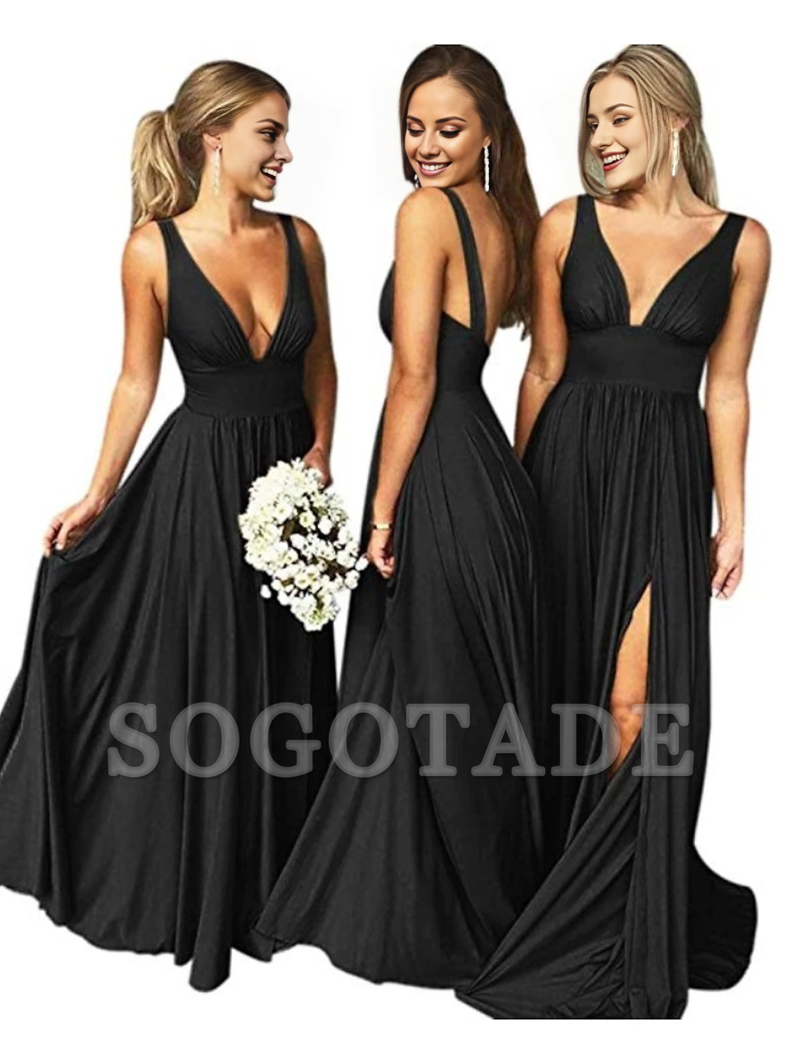 A-Line Bridesmaid Dress Plunging Neck Sleeveless Furcal Floor Length Chiffon with Pleats / Split Front-SOGOTADE