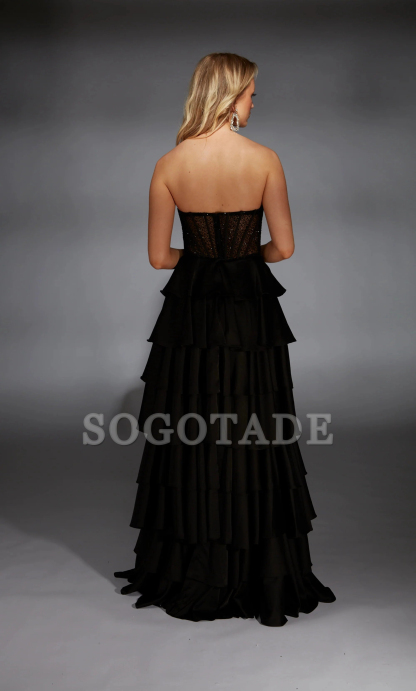 Satin chiffon strapless A-line evening gown backless tight corset ruffled skirt long formal dress