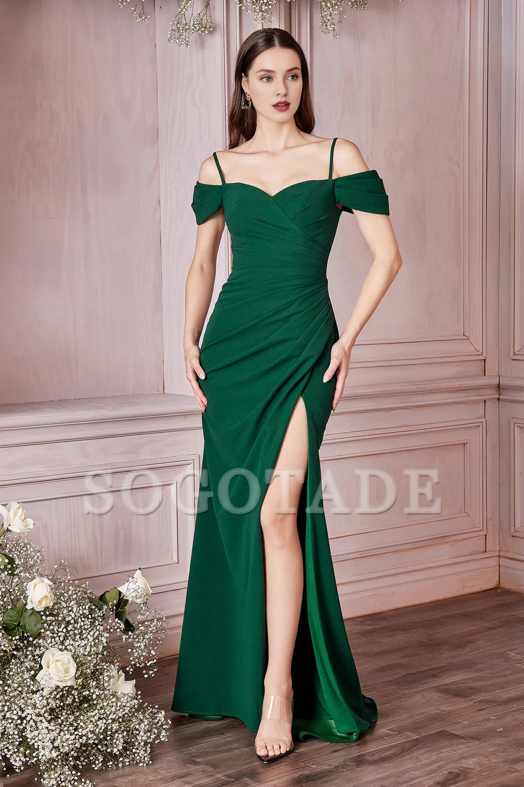 Fitted slit skirt long off shoulder sweetheart dress