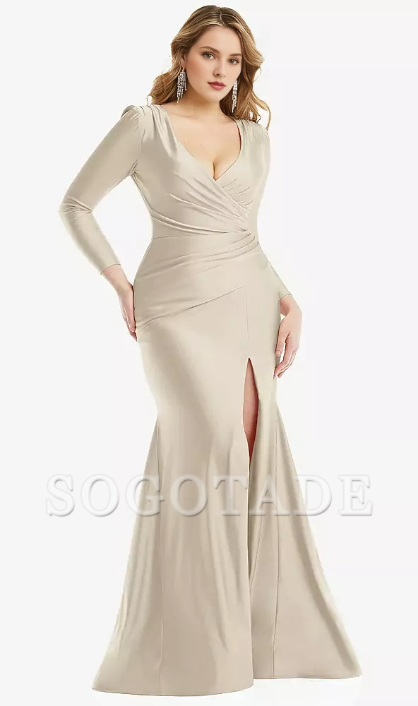 Long sleeved drape wrapped  satin fishtail Prom dress