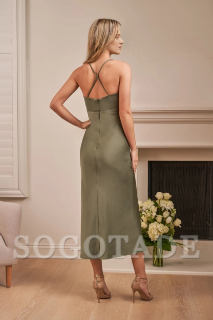 Crepe backed Chamiyus tight fitting thin shoulder strap cross side slit shoulder strap bridesmaid dress