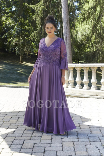V-neckline transparent elbow sleeves lace and floor length gown evening dresses
