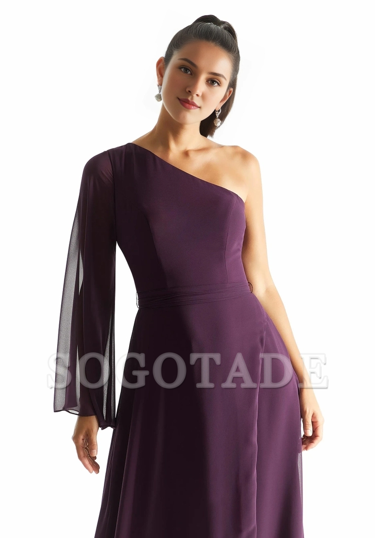 A-line one shoulder neckline snow-white transparent long sleeved bridesmaid dress