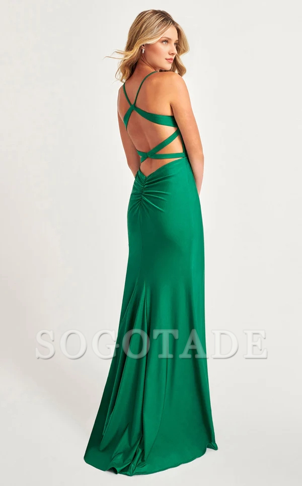 Thin shoulder strap square neckline side slit and floor length Prom dress