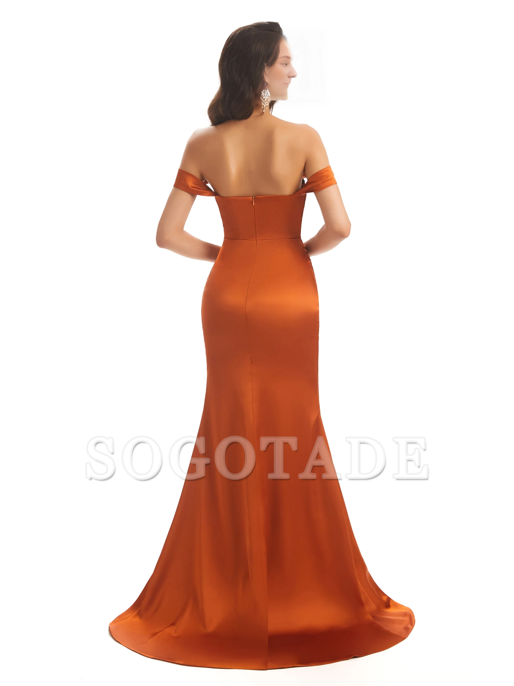 Sexy soft satin off shoulder side slit and floor length fishtail bridesmaid dress