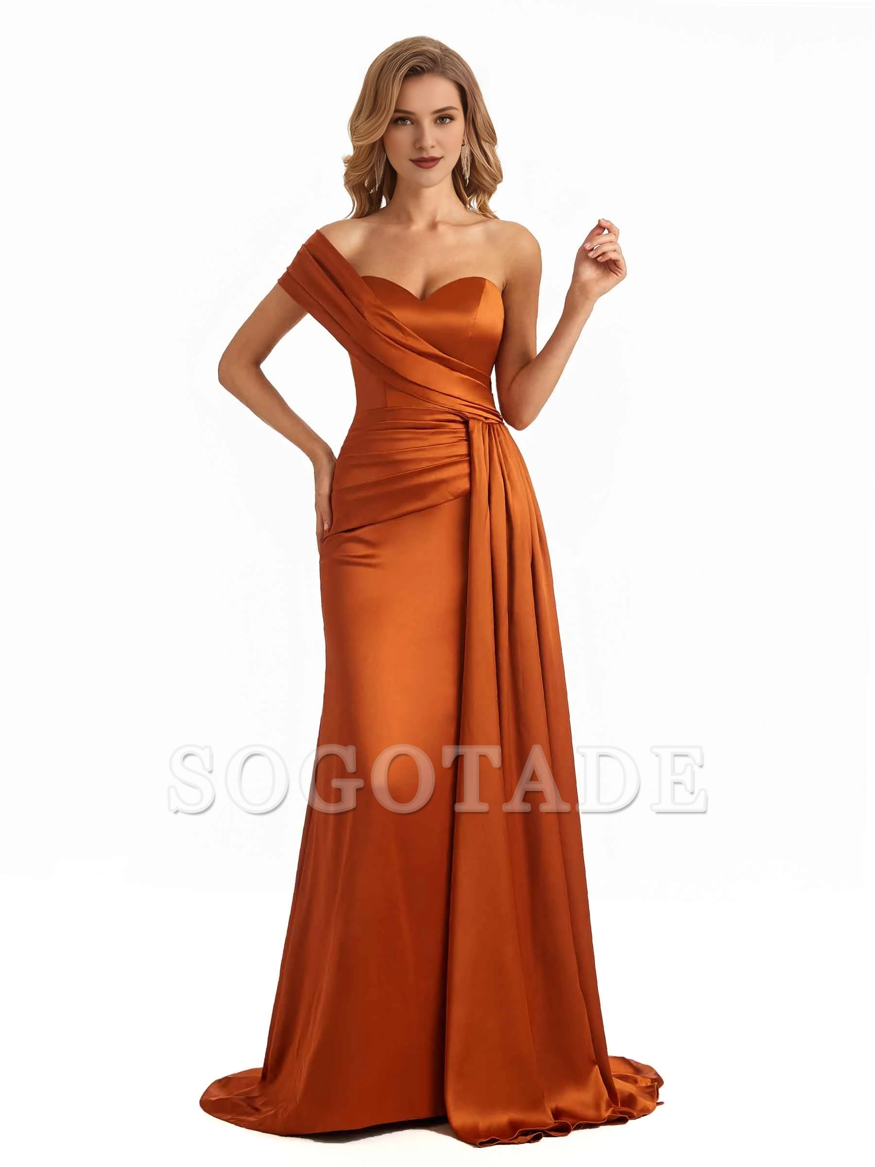Elegant one shoulder soft satin long fish tail bridesmaid dress