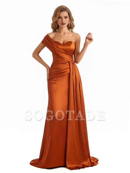 Elegant one shoulder soft satin long fish tail bridesmaid dress