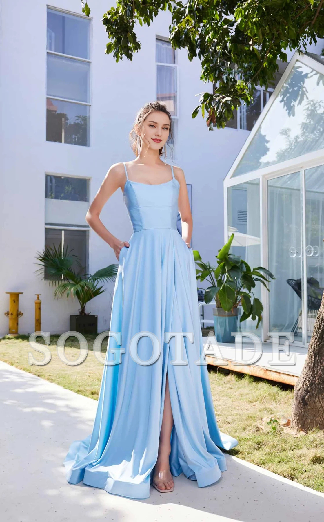 A-line low round neck satin fitted body and floor length evening dress-SOGOTADE