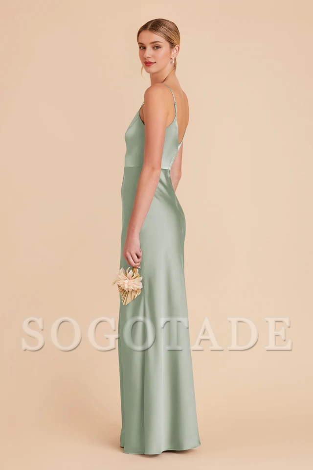 Thin shoulder strap V-neck satin full lining and floor length bridesmaid dress