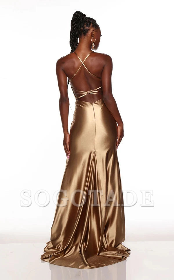 Thin shoulder strap tight corset with satin strap back side slit and floor length Prom dress