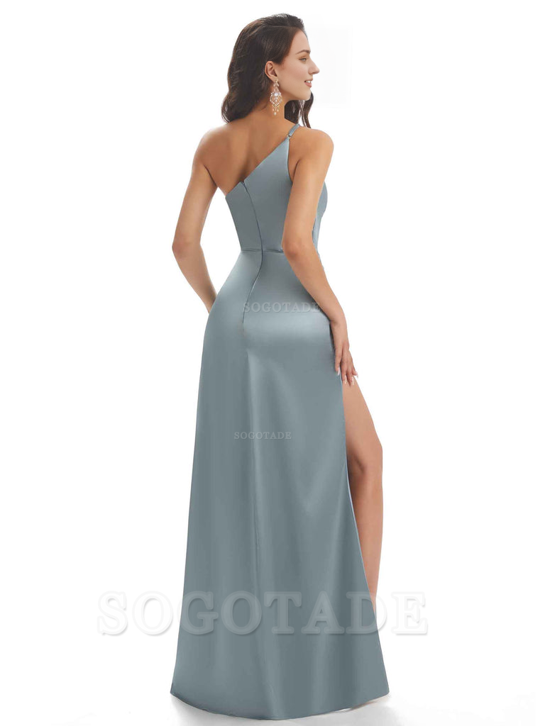 Sexy Soft Satin One Shoulder Side Slit Mermaid Long Bridesmaid Dresses prom dress shop ﻿