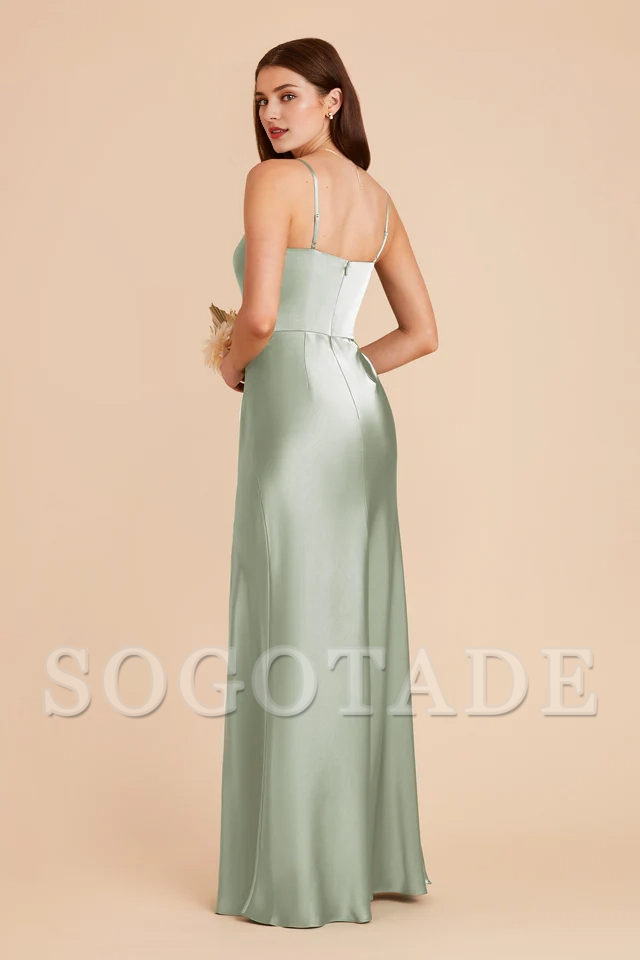 A-line front slit spoon neck satin bridesmaid dress-SOGOTADE