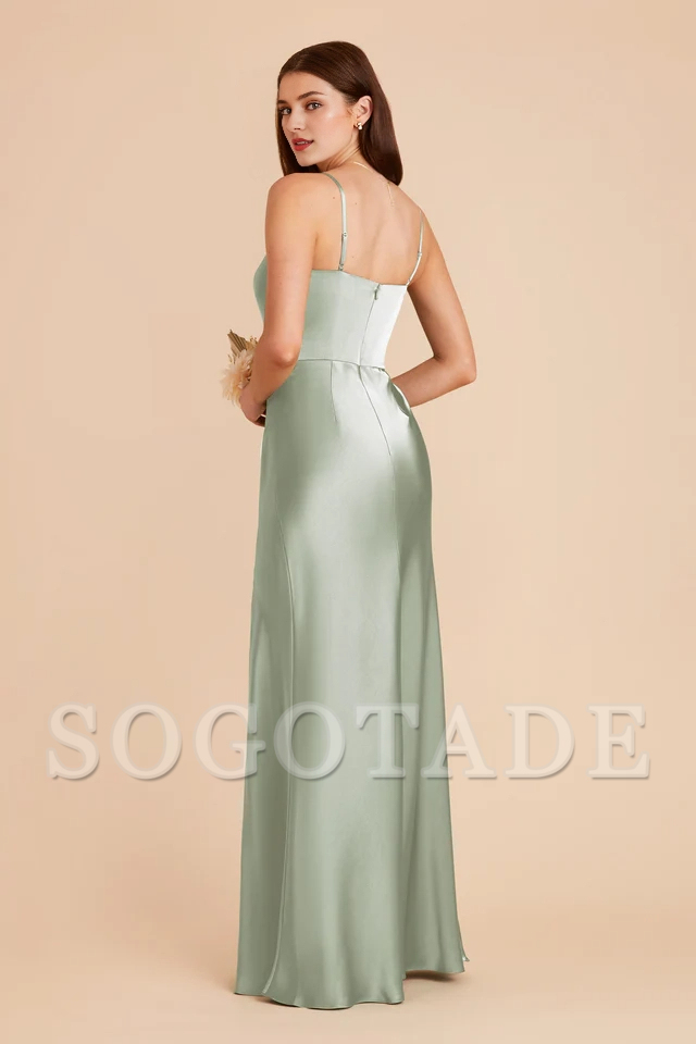 A-line front slit spoon neck satin bridesmaid dress-SOGOTADE