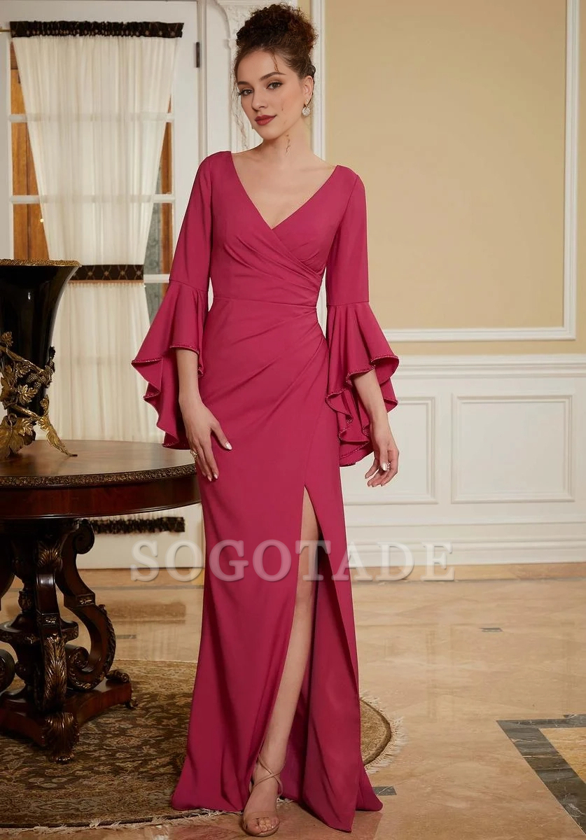 V-neck flared sleeve side slit and floor length mother of the bride dress