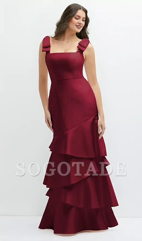 Asymmetric layered skirt with bow shoulder satin Prom dress