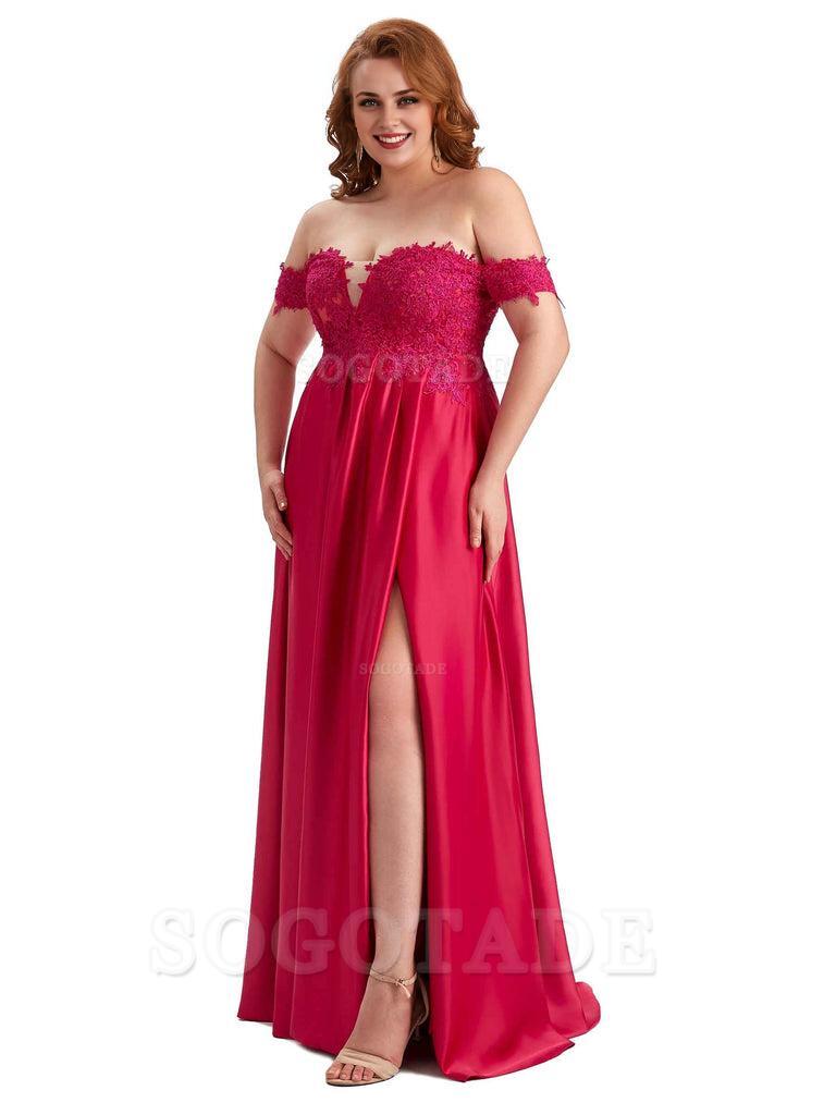 Off Shoulder Side Slit Lace Soft Satin Long Plus Size Bridesmaid Dresses For Wedding