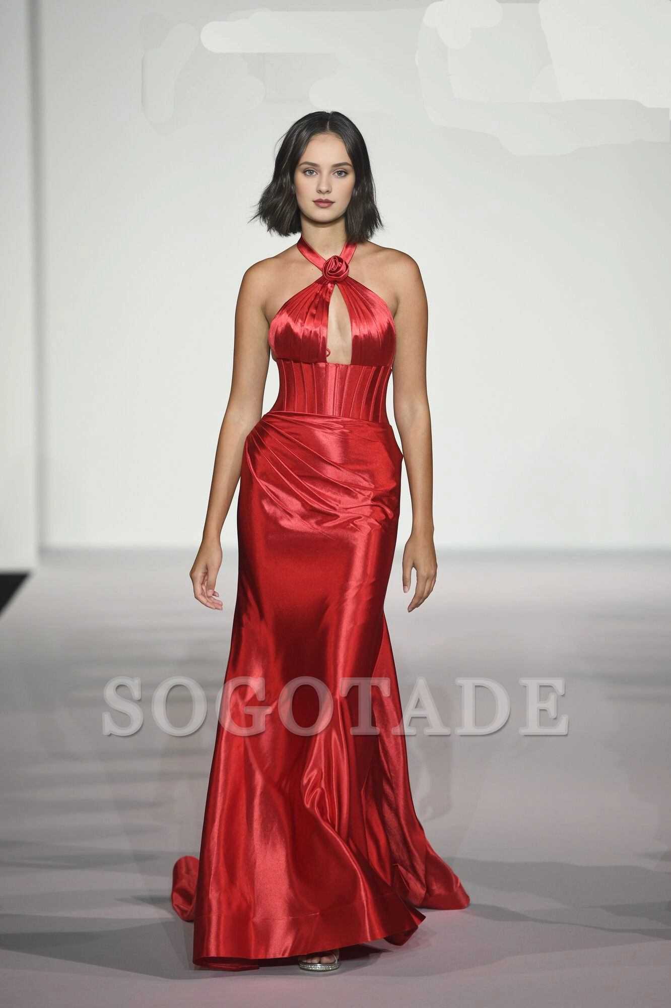 Hanging neck fit silk satin tight corset with rose decoration and floor length Prom dress