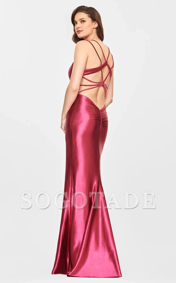 Mermaid deep V-neck satin thin shoulder strap and floor length evening dress