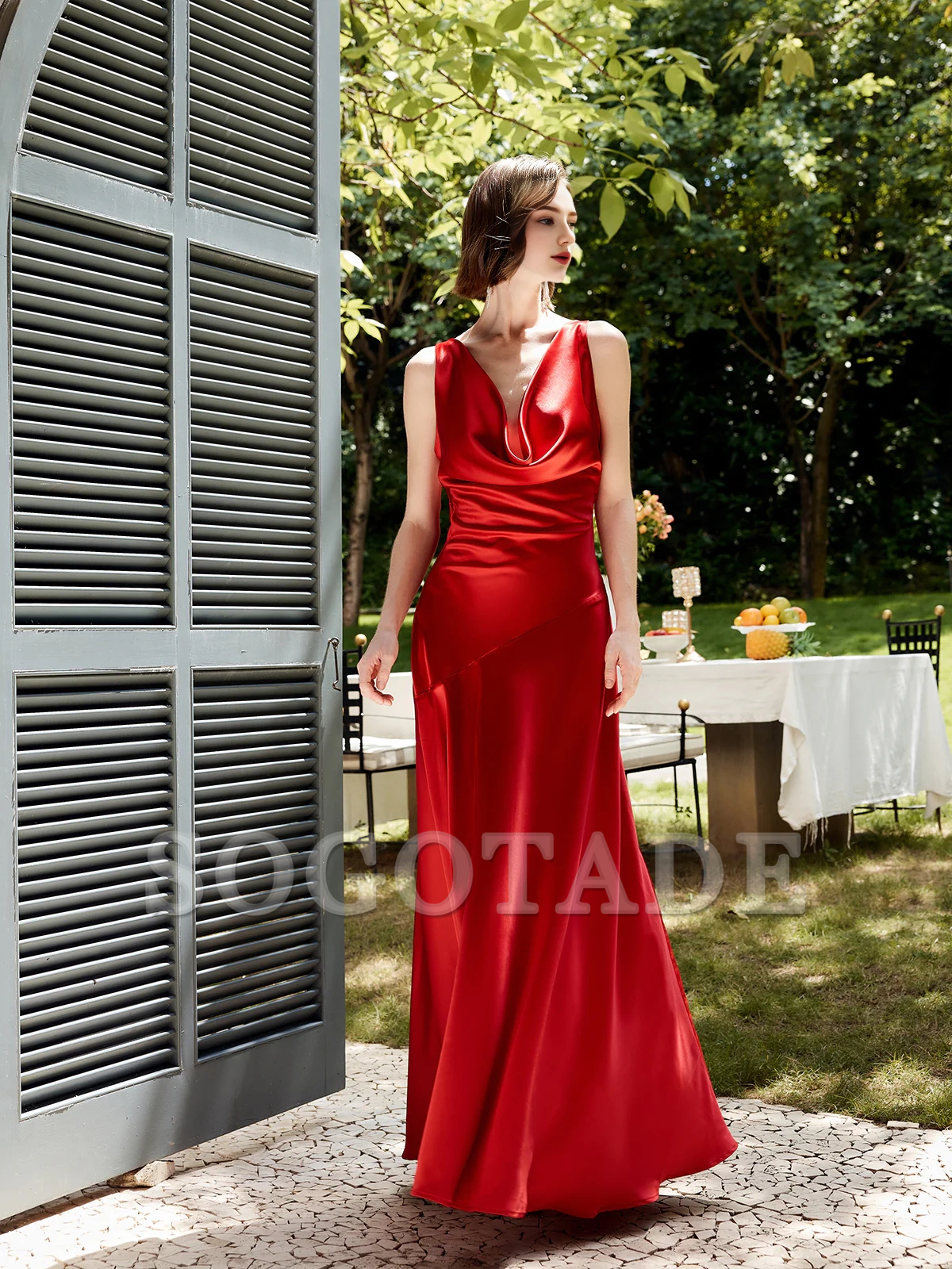 Pleated backless satin vest long gowns even dresses