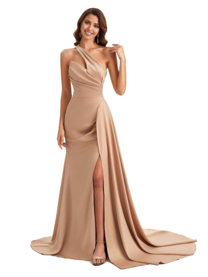 Mermaid One shoulder Satin formal dresses evening gown Bridesmaid Dresses With Side Slit 