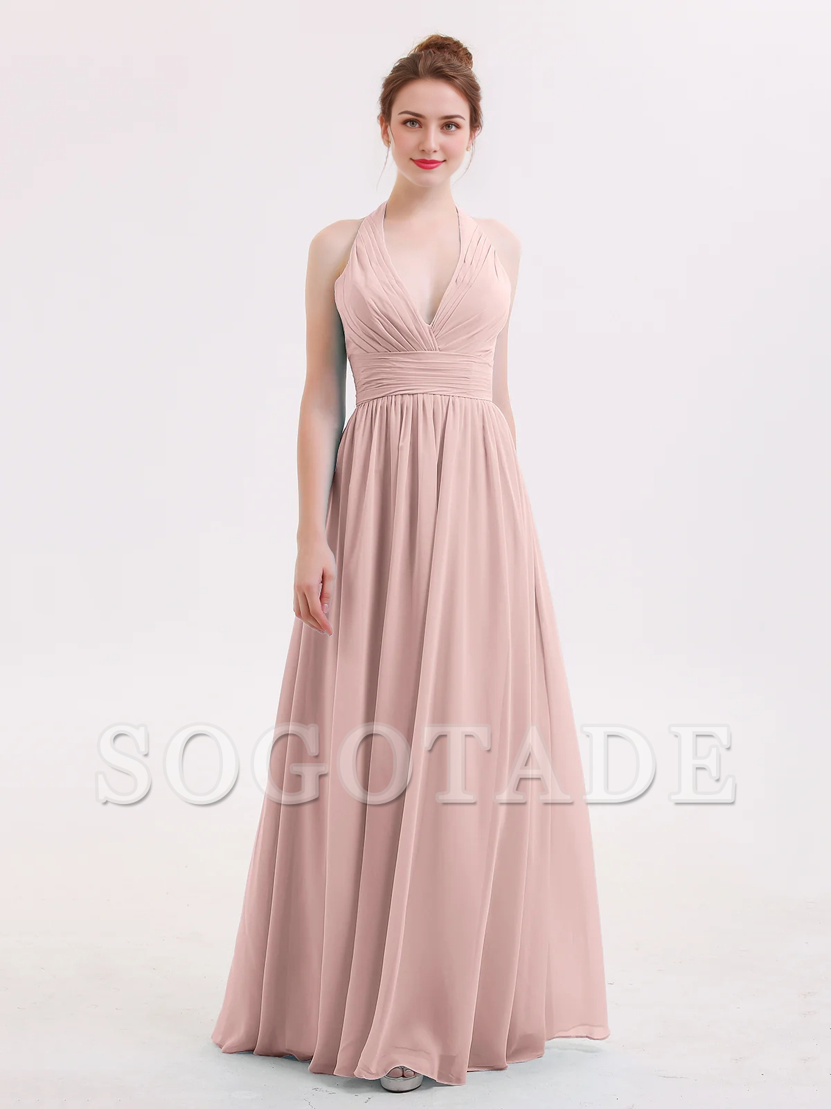 Hanging neck V-neck chiffon bridesmaid dress