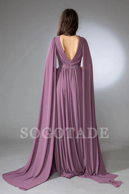 Long shawl sleeve V-neck chiffon dress paired with A-line skirt