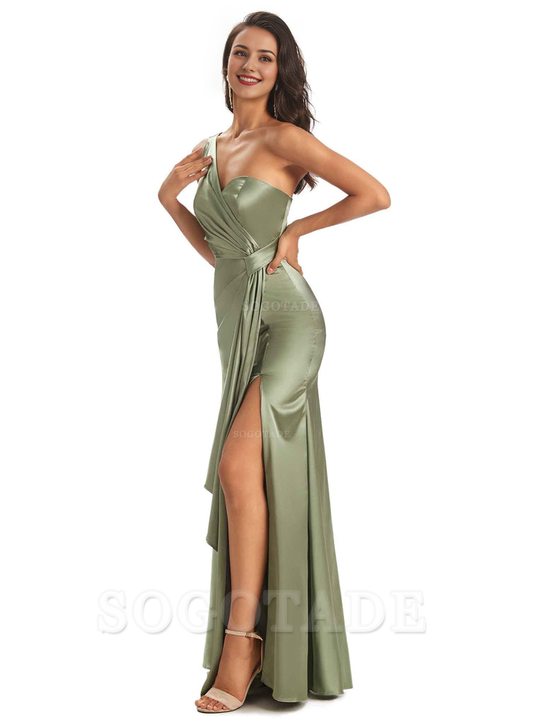 Elegant Soft Satin Side Slit One Shoulder Unique Mermaid Bridesmaid Dresses Online prom dresses shops