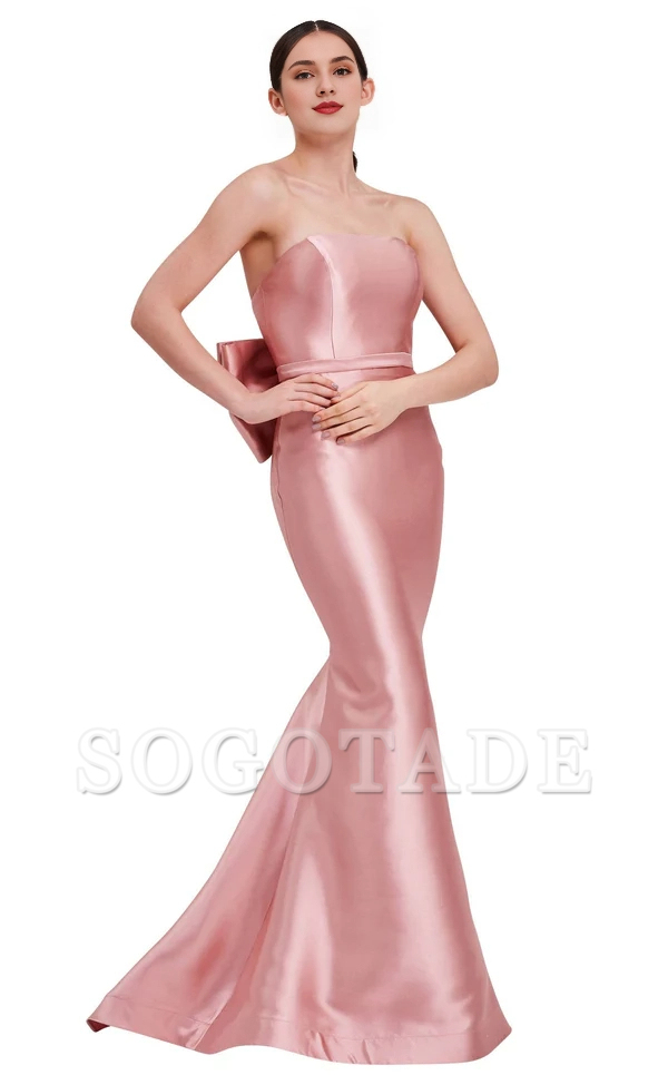 Off shoulder straight neckline, back bow and floor length evening gown