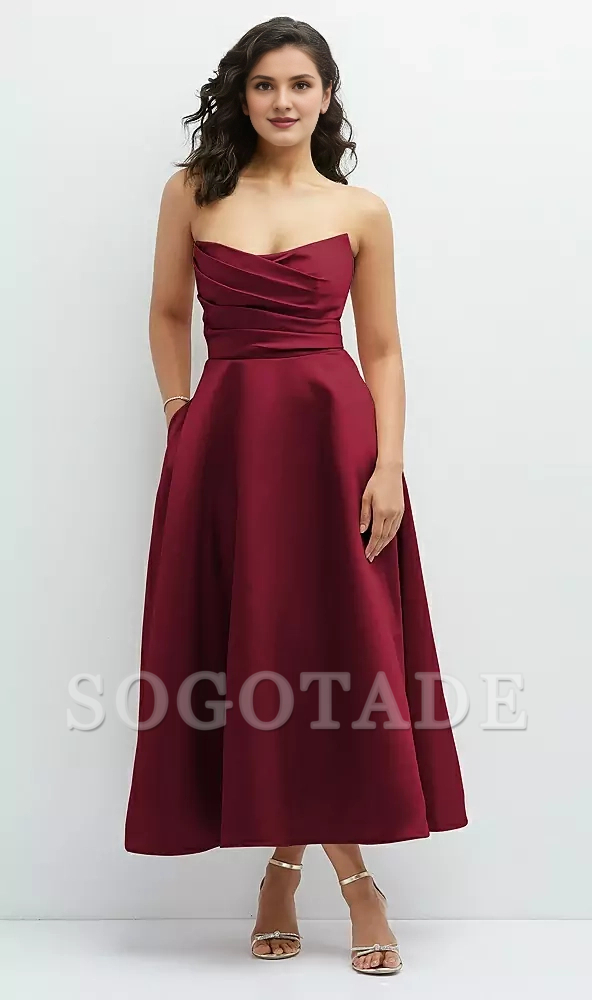 Hanging pleated tight corset strapless satin Prom dress