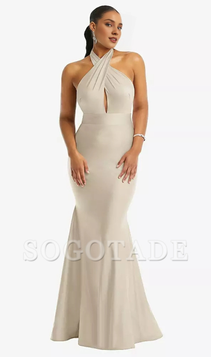 Cross cross hanging neck backless  satin mermaid Prom dress