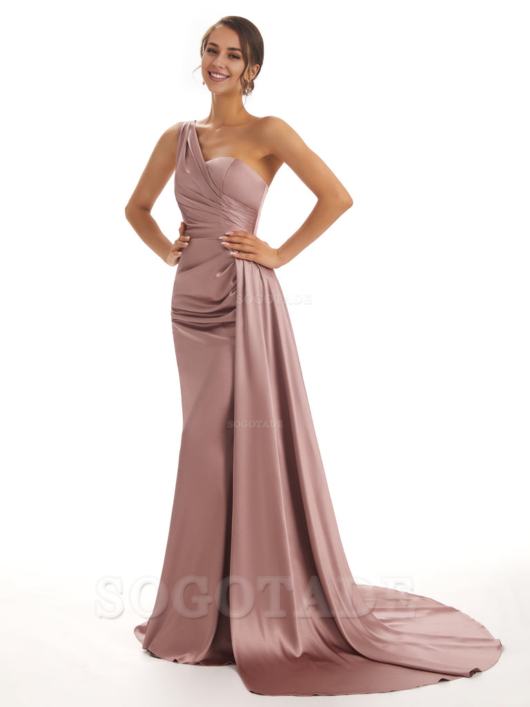 Elegant One Shoulder Soft Satin Unique Mermaid Long Bridesmaid Dresses Online prom dresses shops