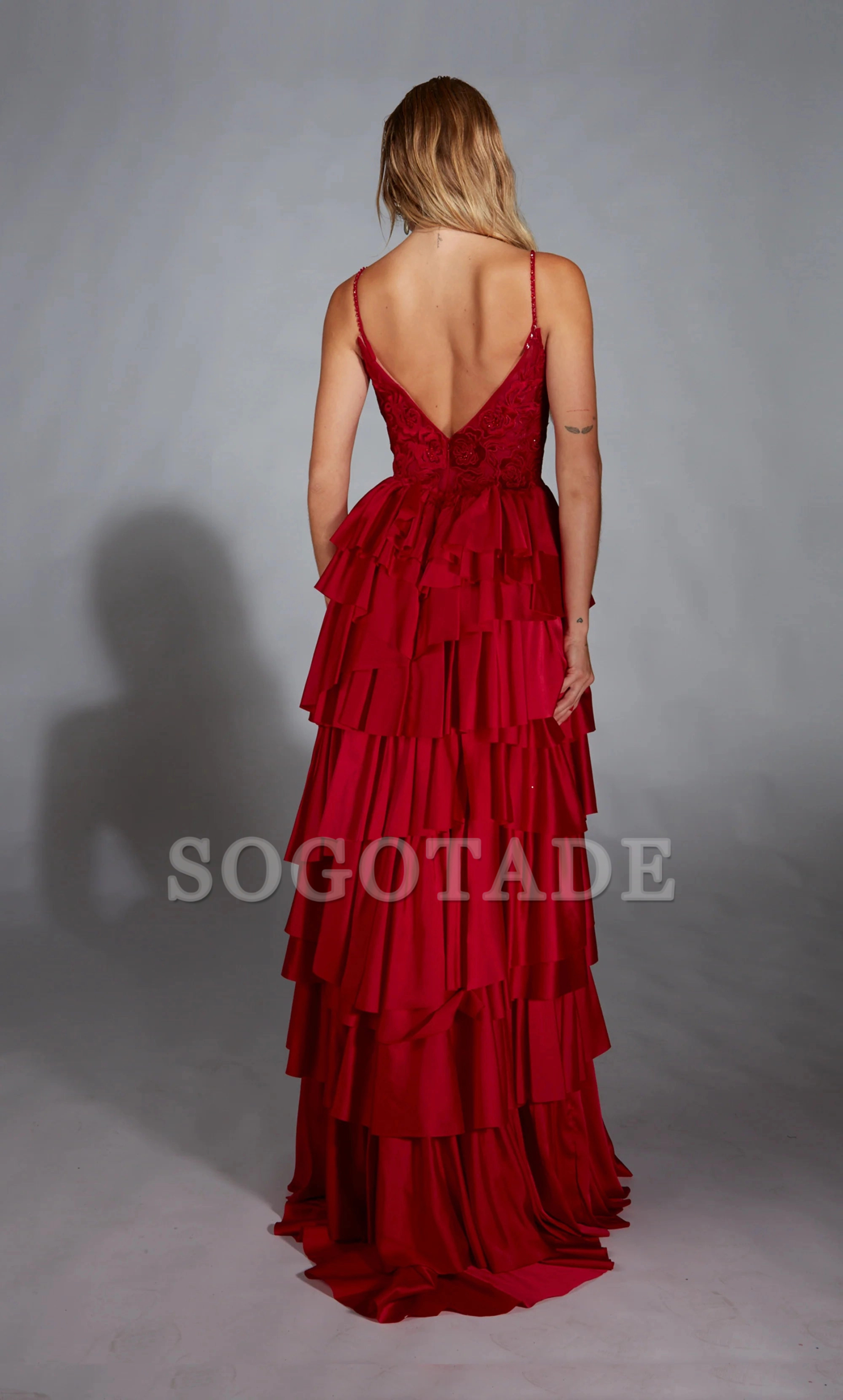 Satin chiffon evening gown V-neck A-line tight corset with slit long formal dress