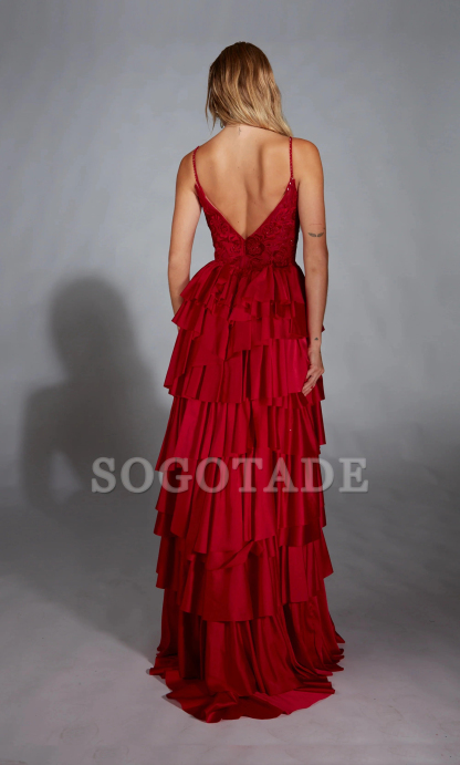 Satin chiffon evening gown V-neck A-line tight corset with slit long formal dress