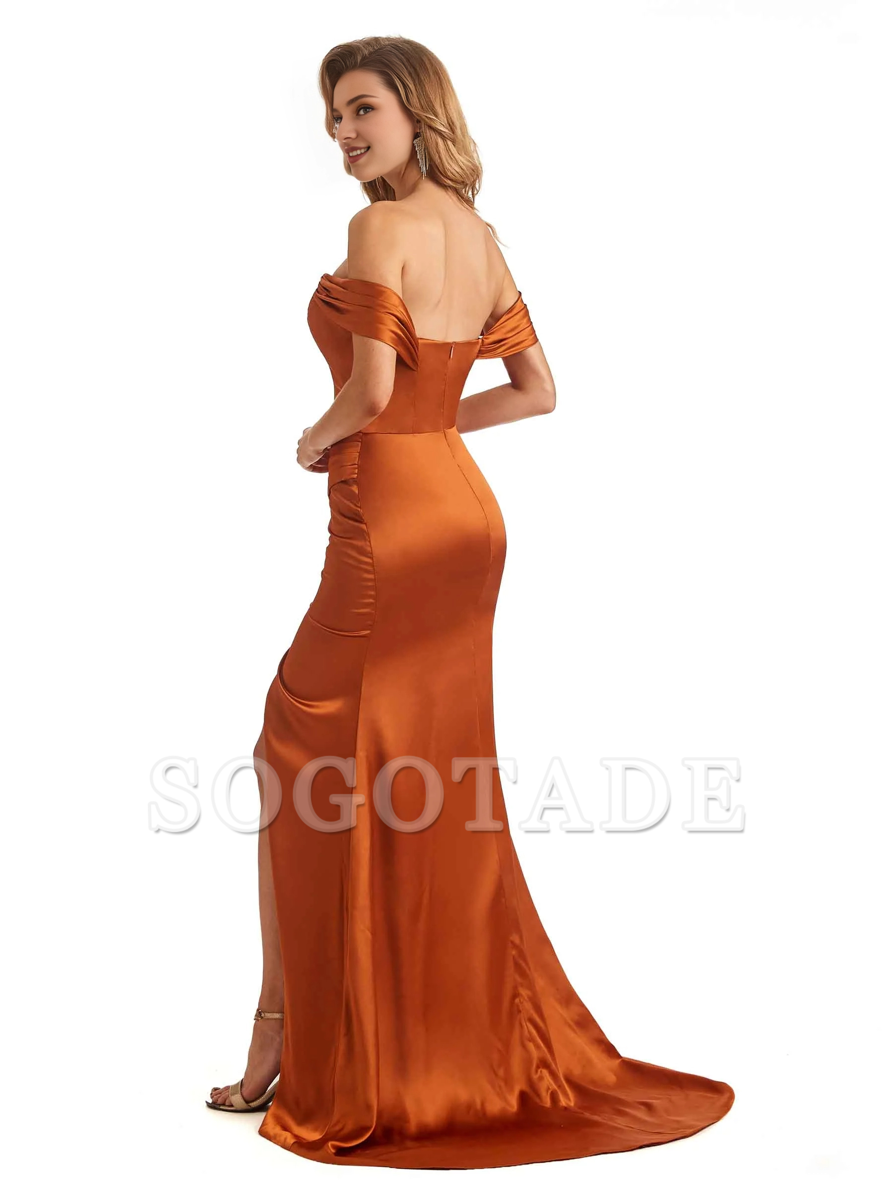 Sexy side slit mermaid off shoulder V-neck extra long soft satin bridesmaid dress