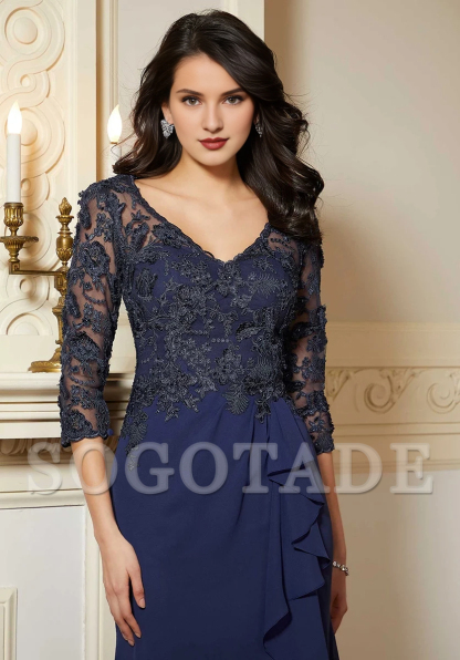 V-neck lace applique chiffon and floor length gown evening dresses