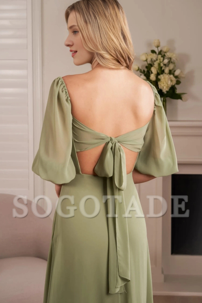 Chiffon A-line square neckline bow square back bridesmaid dress