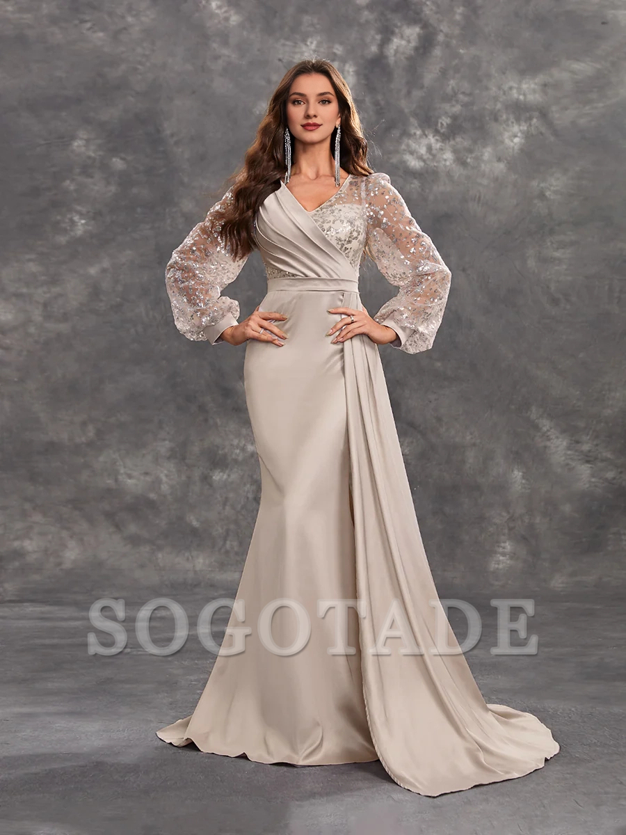 Lantern sleeve wrapped body splicing and ground length godons evening dresses