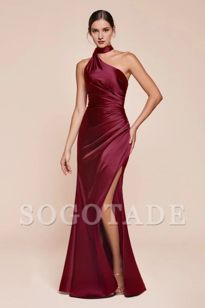 Luxury satin slim fit and floor length gown evening dresses on one shoulder