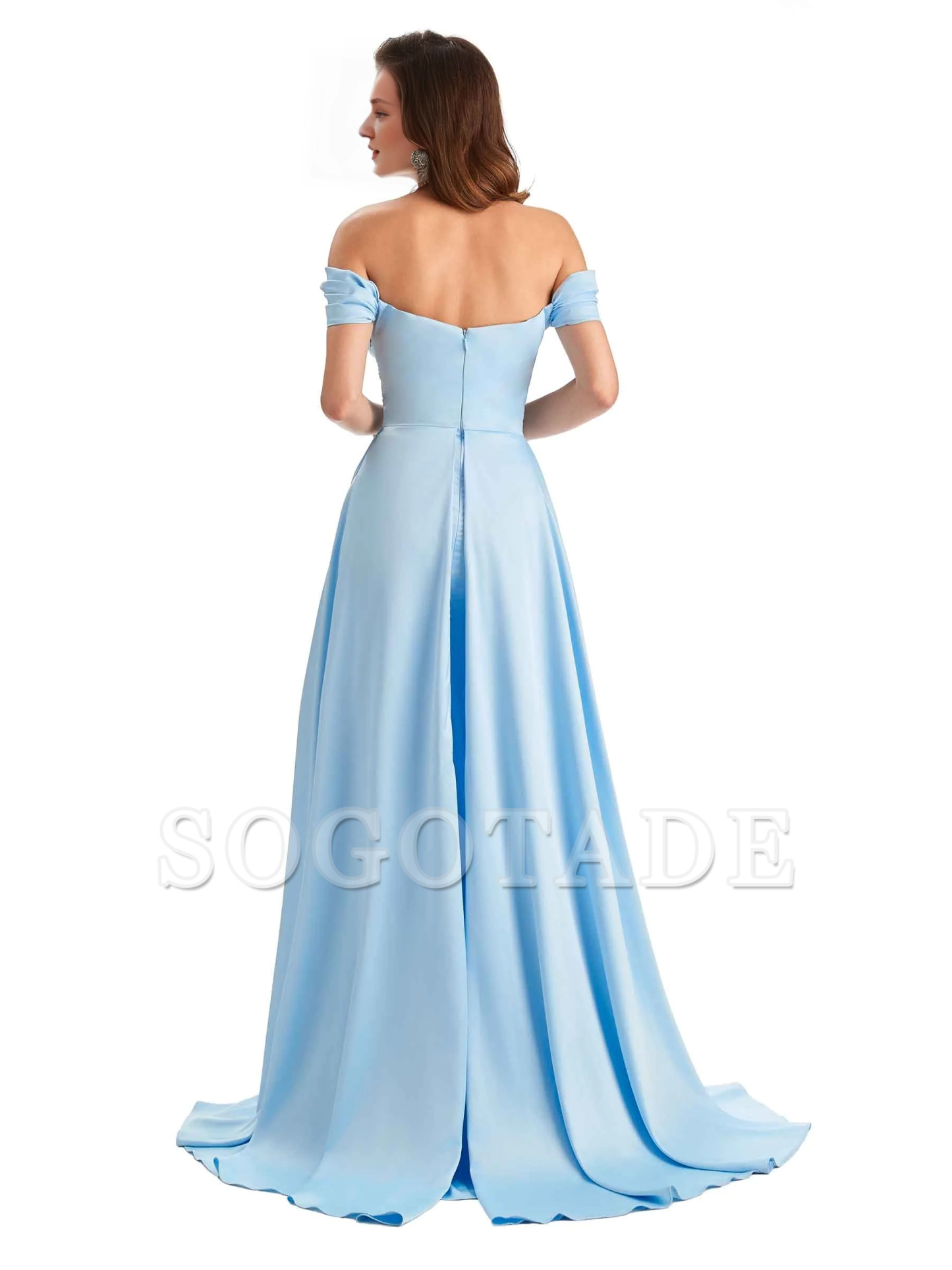Sexy side slit mermaid soft satin off shoulder long unique bridesmaid dress