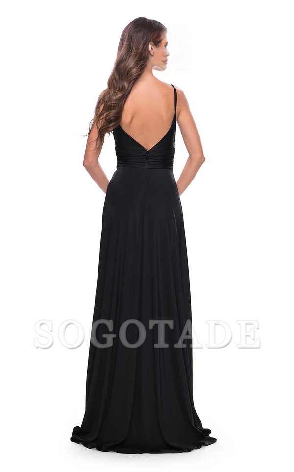 A-line deep V-neck thin shoulder strap exposed back side slit and floor length evening dress-SOGOTADE