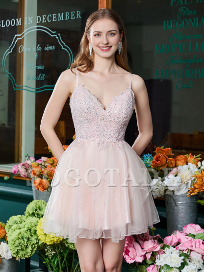 V-neck applique pleated chiffon short Homecoming dress