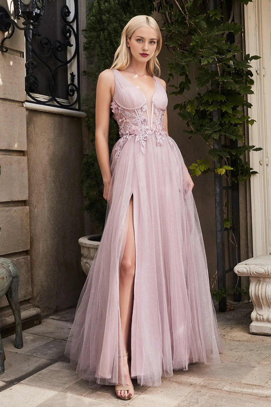 A-line skirt 3D floral decal long sleeveless tight corset dress