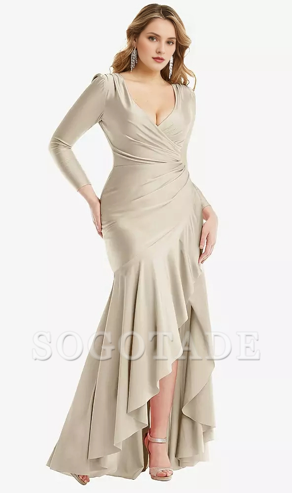 Long sleeved pleated wrap with ruffled edges high and low  satin Prom dress