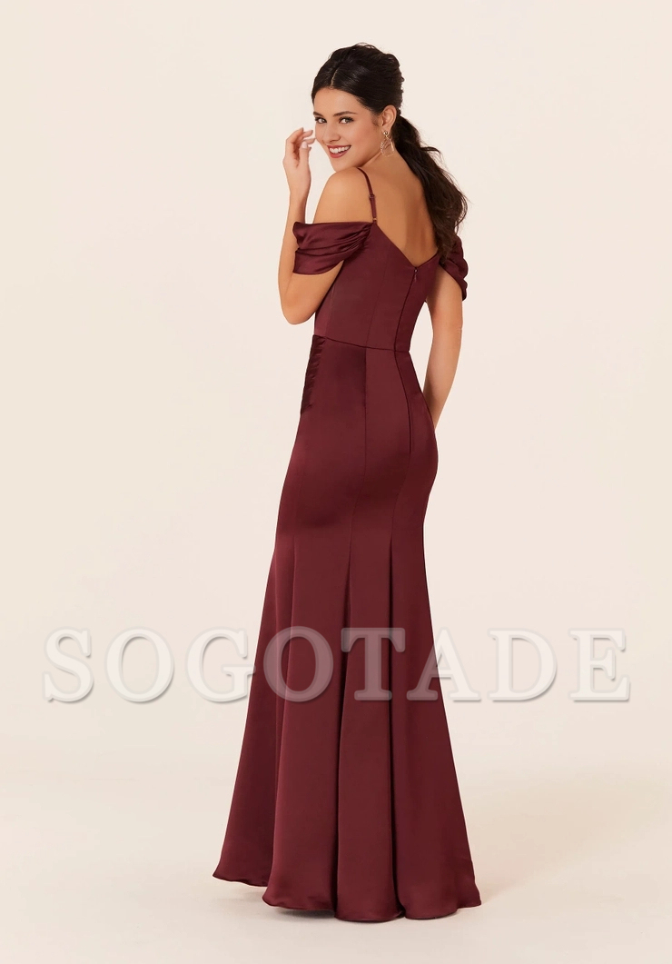Thin shoulder strap beaded off shoulder satin pleated scarf collar bridesmaid dress